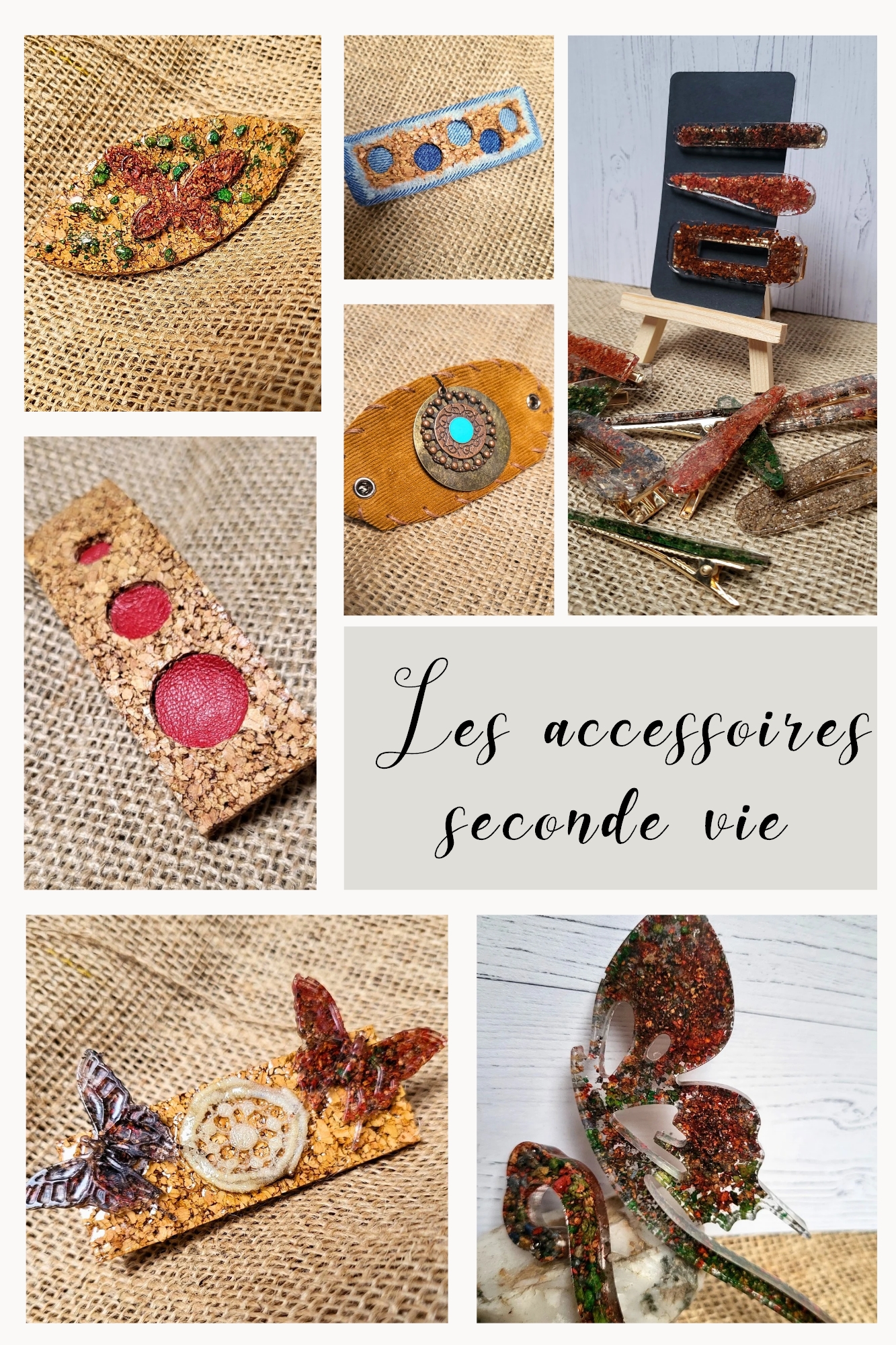 Accessoires Cé’rénité, gamme Les accessoires seconde vie – pinces à cheveux et créations artisanales faites main à partir de matériaux recyclés et récupérés.