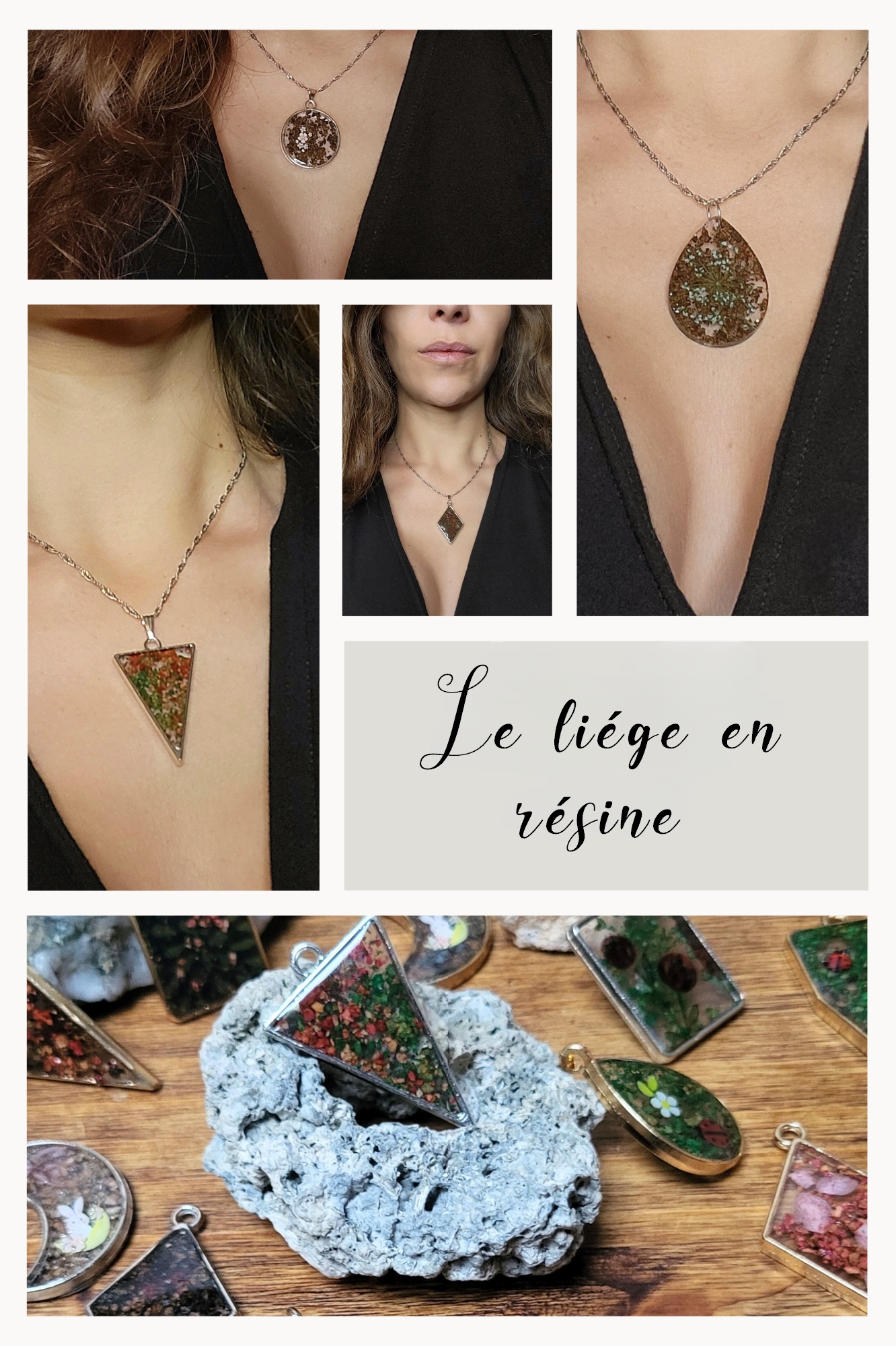Colliers Cé’rénité, gamme Le liège en résine – créations artisanales en liège coloré mélangé à de la résine, faits main à partir de matériaux récupérés.