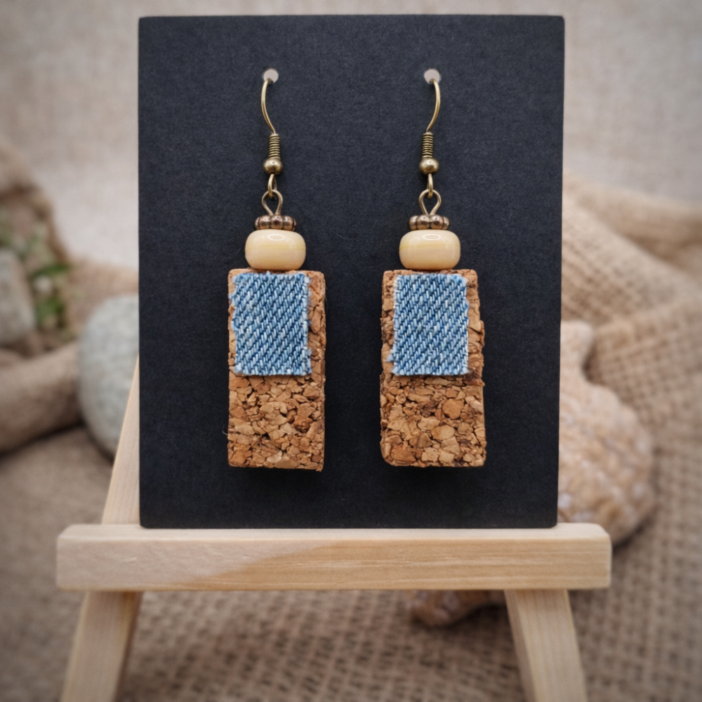 Boucles liège & jean bleu (bronze hypoallergénique – 6 cm)